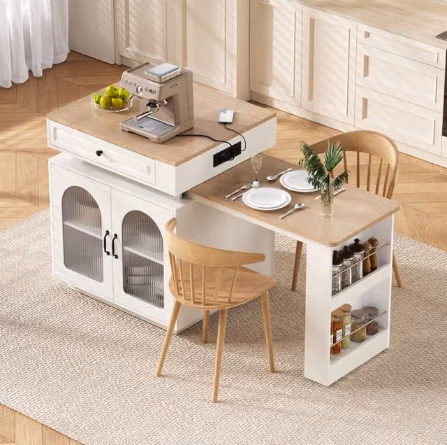 Tavolo da Pranzo Estraibile con Ruote e Illuminazione LED, Isola Cucina Multifunzionale Bianca 128-200x71x92 cm
