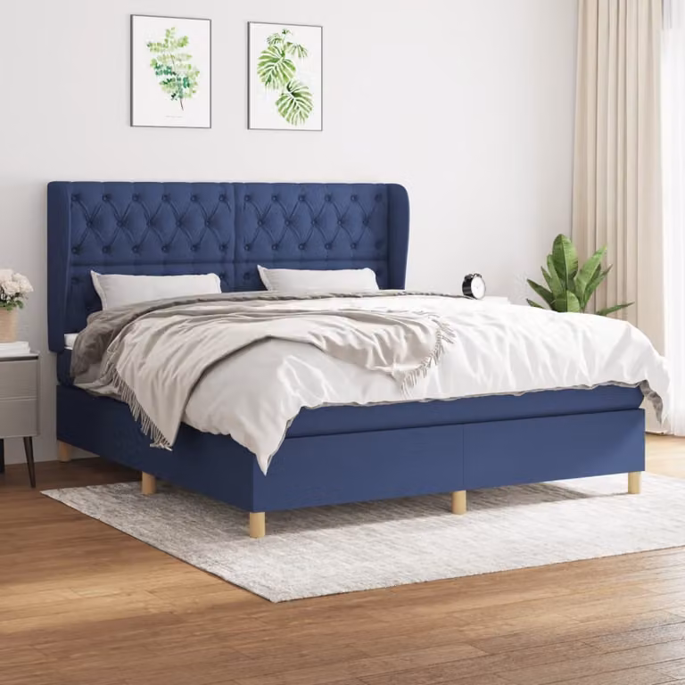 The Living Store Letto a molle con materasso Blu 160x200 cm in tessuto