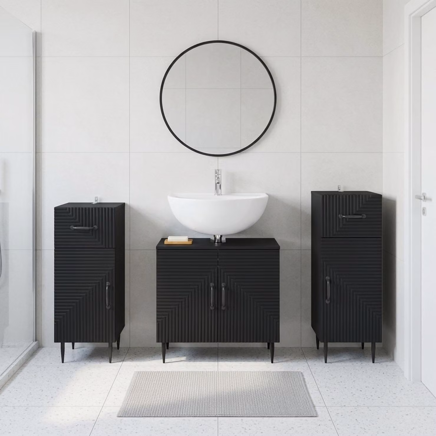 Set di mobili da bagno vidaXL HAARLEM in 3 pezzi nero opaco con mobile lavabo e armadietti laterali
