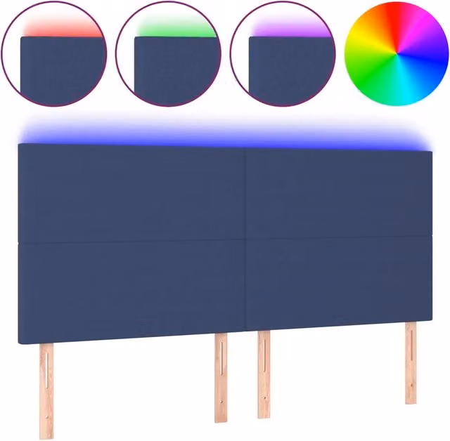 Testata del letto moderna in tessuto blu con illuminazione LED integrata e porta di ricarica USB, L: 200 cm, P: 5 cm, H: 118/128 cm – 1