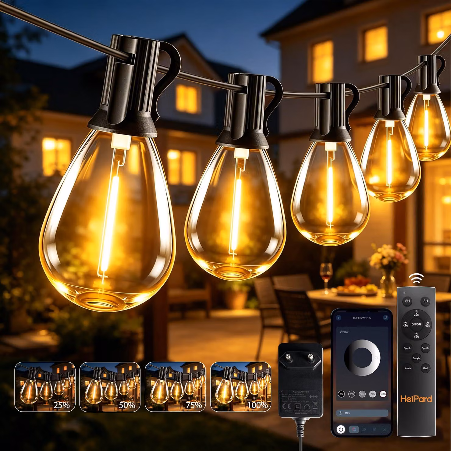 Catena luminosa a LED, 10 metri, luce bianco caldo, 15 luci + 1, grado di protezione IP44, dimmerabile, con timer