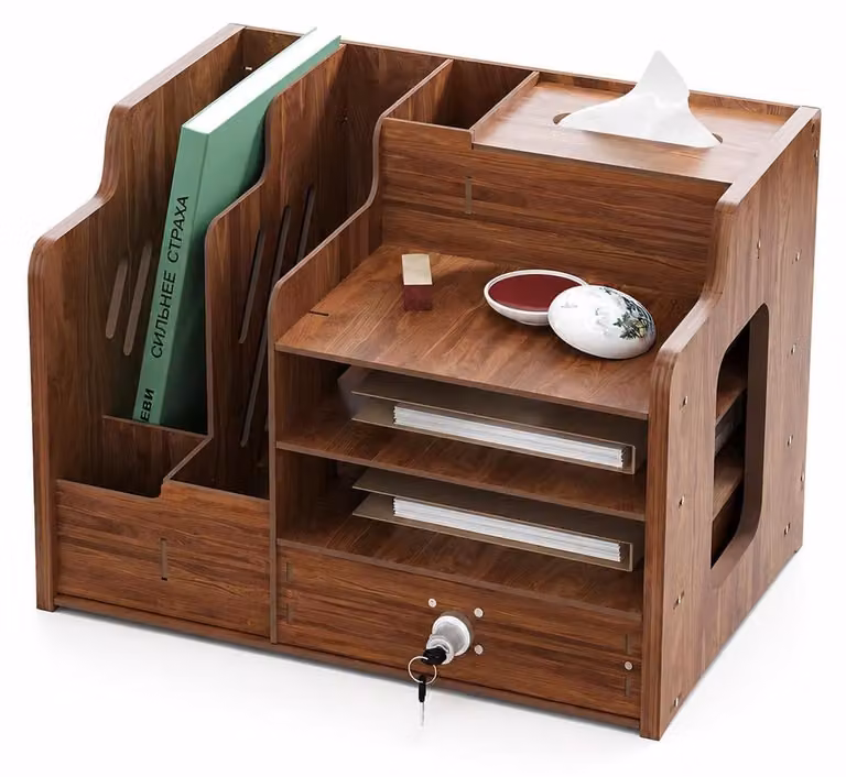 Omgoods - Organizer da scrivania multifunzionale in legno color noce