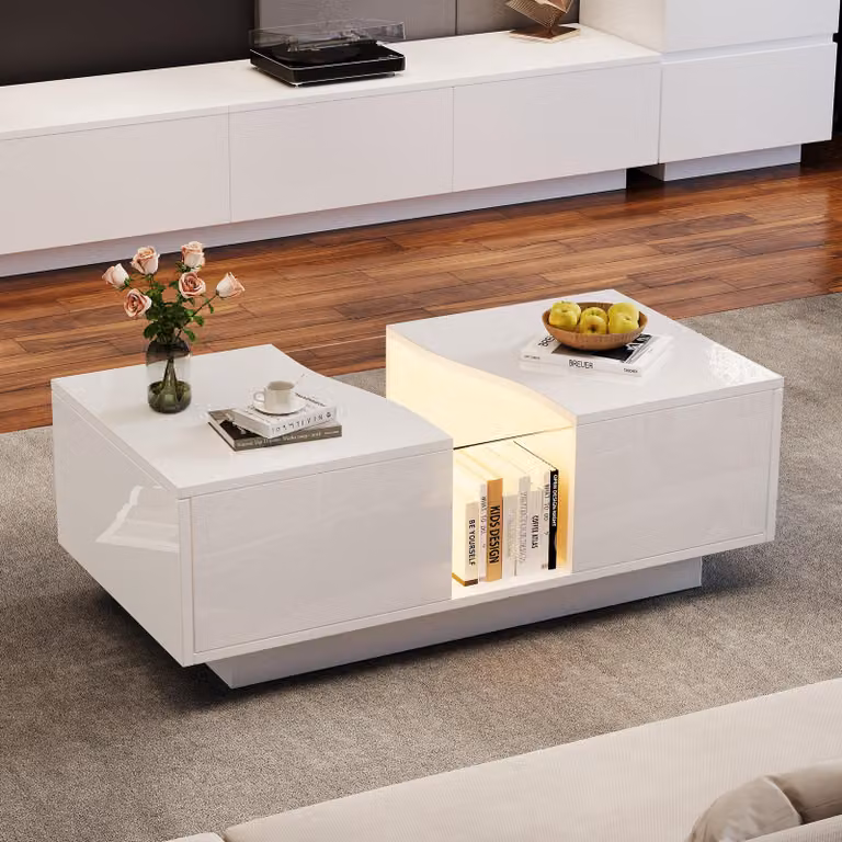 Tavolino Merax LED 100x50x35cm, bianco lucido, tavolino da salotto con 2 cassetti, piano in acrilico e controllo tramite app, design moderno