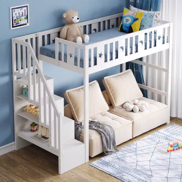 Letto a soppalco singolo MIVRAY in legno bianco con scala, ripiani laterali e area gioco per bambini L/P/H: 200 x 90 x 171 cm