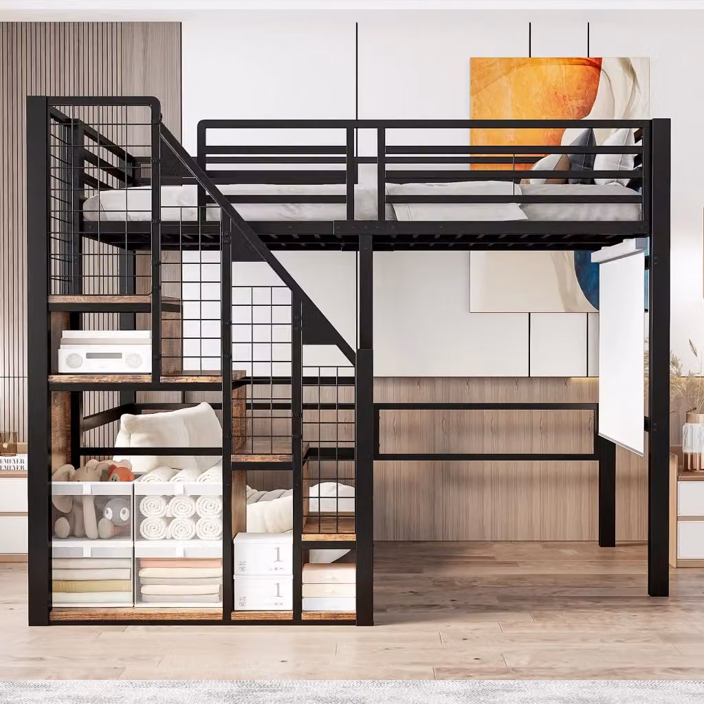 Letto a soppalco singolo moderno in metallo e MDF nero con scala, scomparti portaoggetti e barriera di sicurezza, L/P/H: 200 x 90 x 146,2 cm – 2