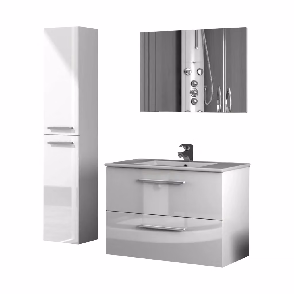 Set Mobili Bagno DMORA Ricadi Bianco Lucido con Mobile Lavabo, Colonna e Specchio, Design Moderno – 2