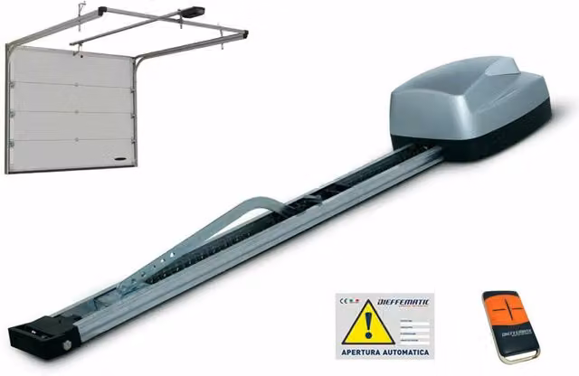 Set di automazione Dieffematic per portoni sezionali e basculanti con binario a catena, colore nero e grigio