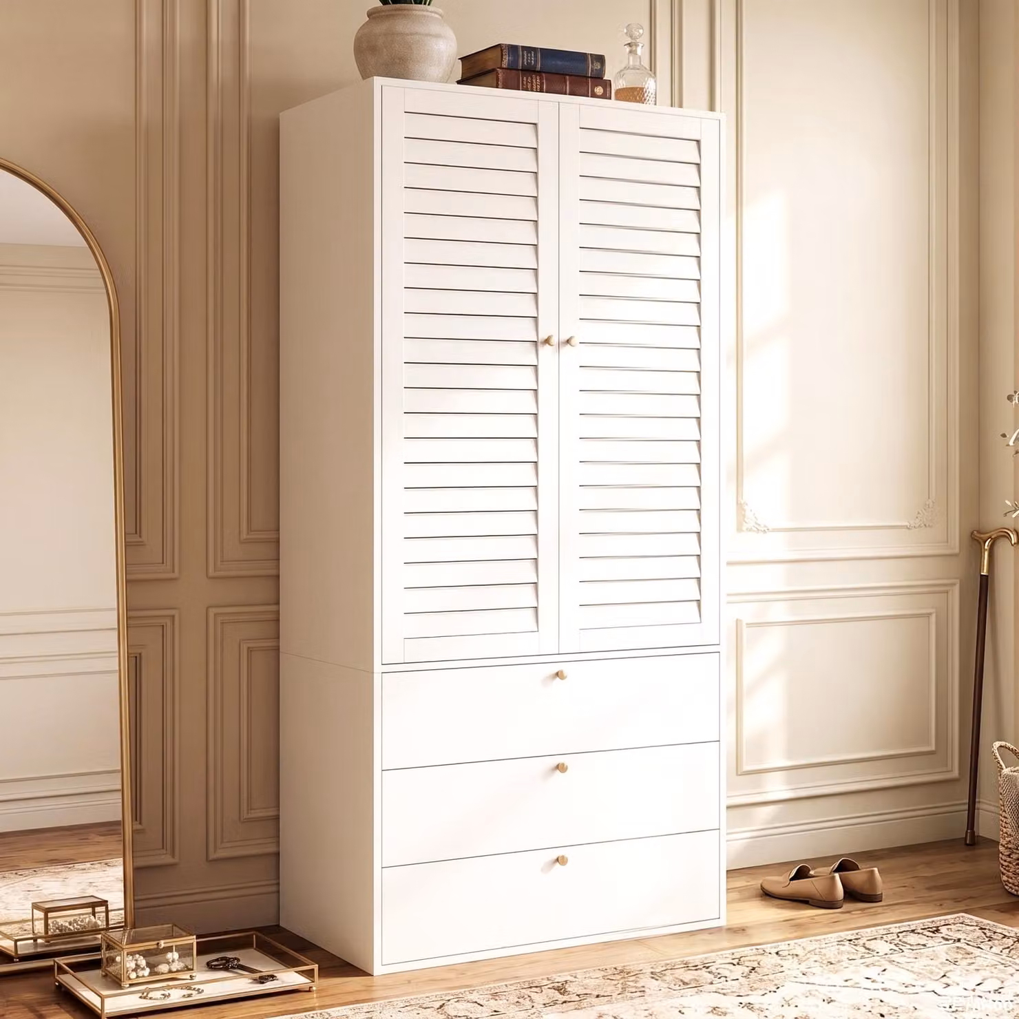 Armadio con cassetti e ante, appendiabiti con barra, mobile contenitore moderno, dimensioni 90 x 50 x 200 cm, colore bianco, materiale: pannello di fibra a media densità (PB)