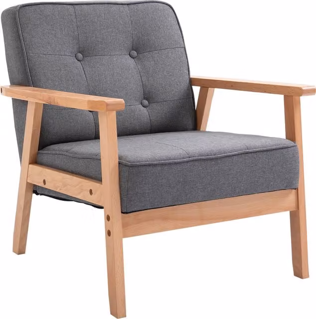 Poltroncina Vintage HOMCOM in Lino Grigio Chiaro con Telaio in Legno Massello e Trapuntatura a Bottoni