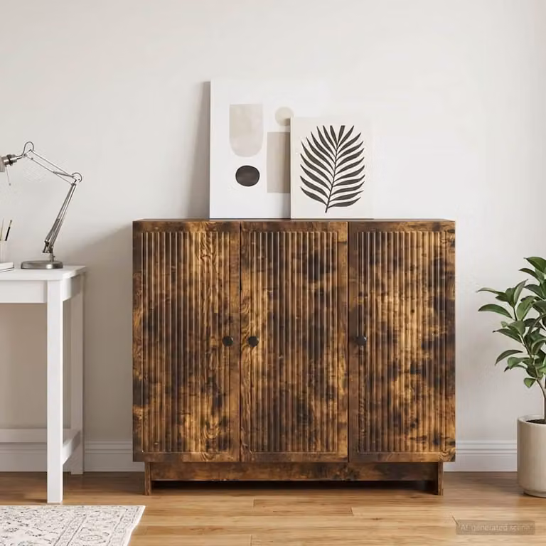 Credenza moderna vidaXL in legno ingegnerizzato e metallo, colore Rovere Fumo, L 89 x P 34,5 x H 80 cm
