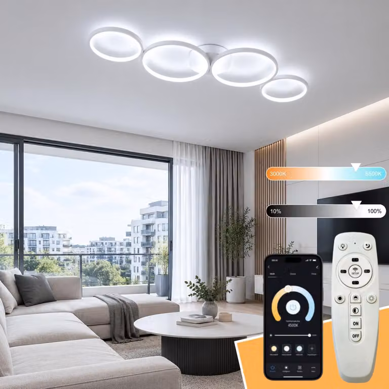 Lampada da soffitto a LED, moderna, con temperatura di colore regolabile da 3000K a 6500K. Lampada per soggiorno con 4 anelli rotondi, 68W, bianca, dimmerabile, 88cm. Design elegante, ideale per ufficio, camera da letto, soggiorno, corridoio, cucina.