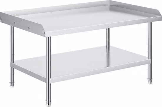 Piano di lavoro in acciaio, dimensioni 30 x 48 x 26 cm, robusto, ideale per cucine professionali, con schienale su tre lati, regolabile in altezza, adatto per ristoranti, abitazioni e hotel.