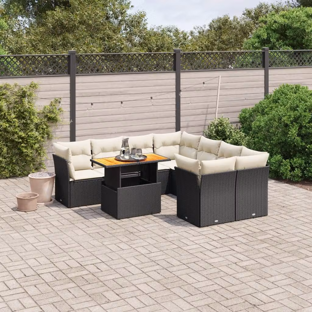 vidaXL Set Divani da Giardino 9 pz in Polyrattan con Cuscini e Tavolino da Esterno Nero – 1
