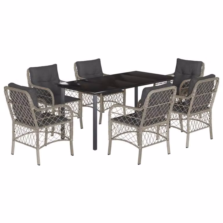 Set da Pranzo da Giardino 7 pz Cuscini Polyrattan Grigio Chiaro