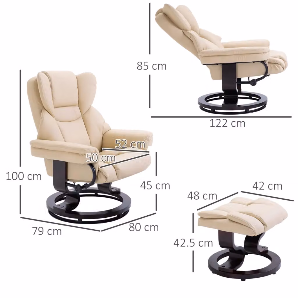 Poltrona relax girevole WISHDOR con poggiapiedi, reclinabile, rivestimento in similpelle, colore bianco beige – 2