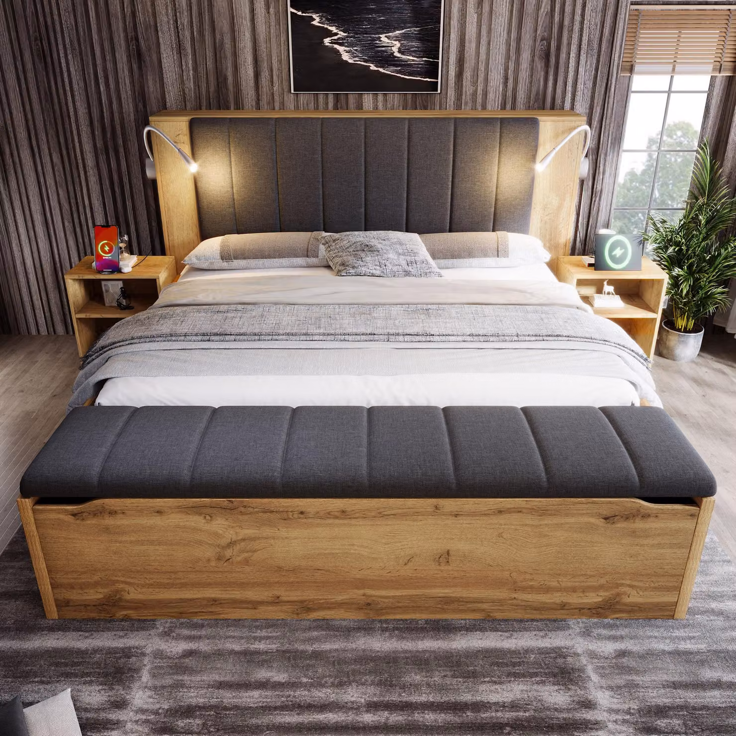 Letto per ragazzi 160×200 con comodini e panca ai piedi del letto, letto matrimoniale con lampada da lettura e presa USB, letto funzionale in finitura rovere, materasso escluso