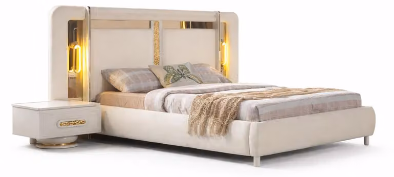 Set da camera da letto moderno bianco con letto con inserti dorati, toletta e comodino