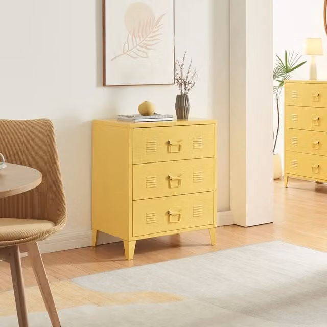 Cassettiera Hämeenlinna en.casa in acciaio con 3 cassetti, colore giallo, L 72 cm x P 60 cm x H 40 cm