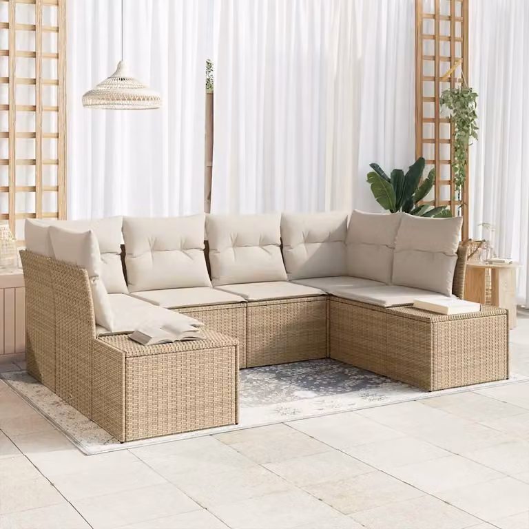 Set Divano da Giardino a L vidaXL in Polyrattan Beige con Cuscini e Struttura in Acciaio