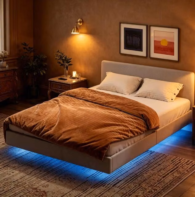 Letto matrimoniale 140x190 cm beige in tessuto effetto lino e metallo con LED RGB , senza materasso