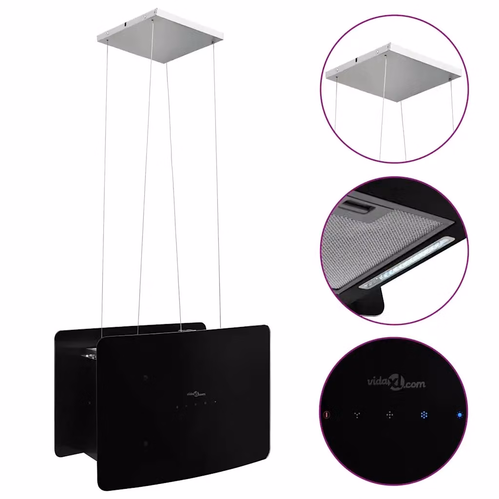 vidaXL Cappa da Cucina ad Isola Sospesa in Vetro Temperato e Acciaio Inox, Colore Nero, con Display LED e Sensore – 2