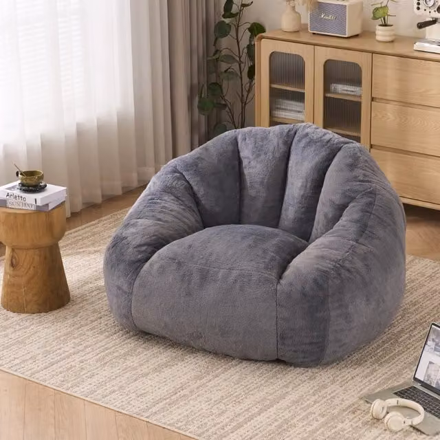 Pouf a sacco Mivray con schienale in pelliccia sintetica grigio imbottito in schiuma per soggiorno e camera da letto