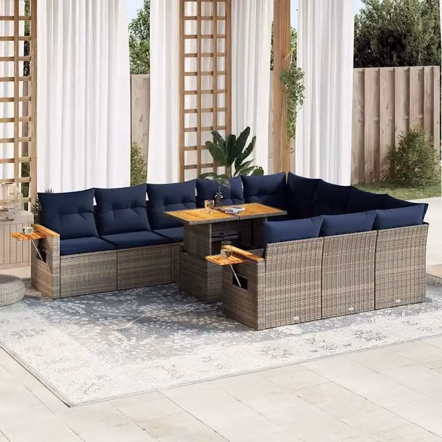Set di divani da giardino vidaXL a forma di L composto da 11 pezzi in polyrattan e legno di acacia con cuscini inclusi, colore grigio e blu