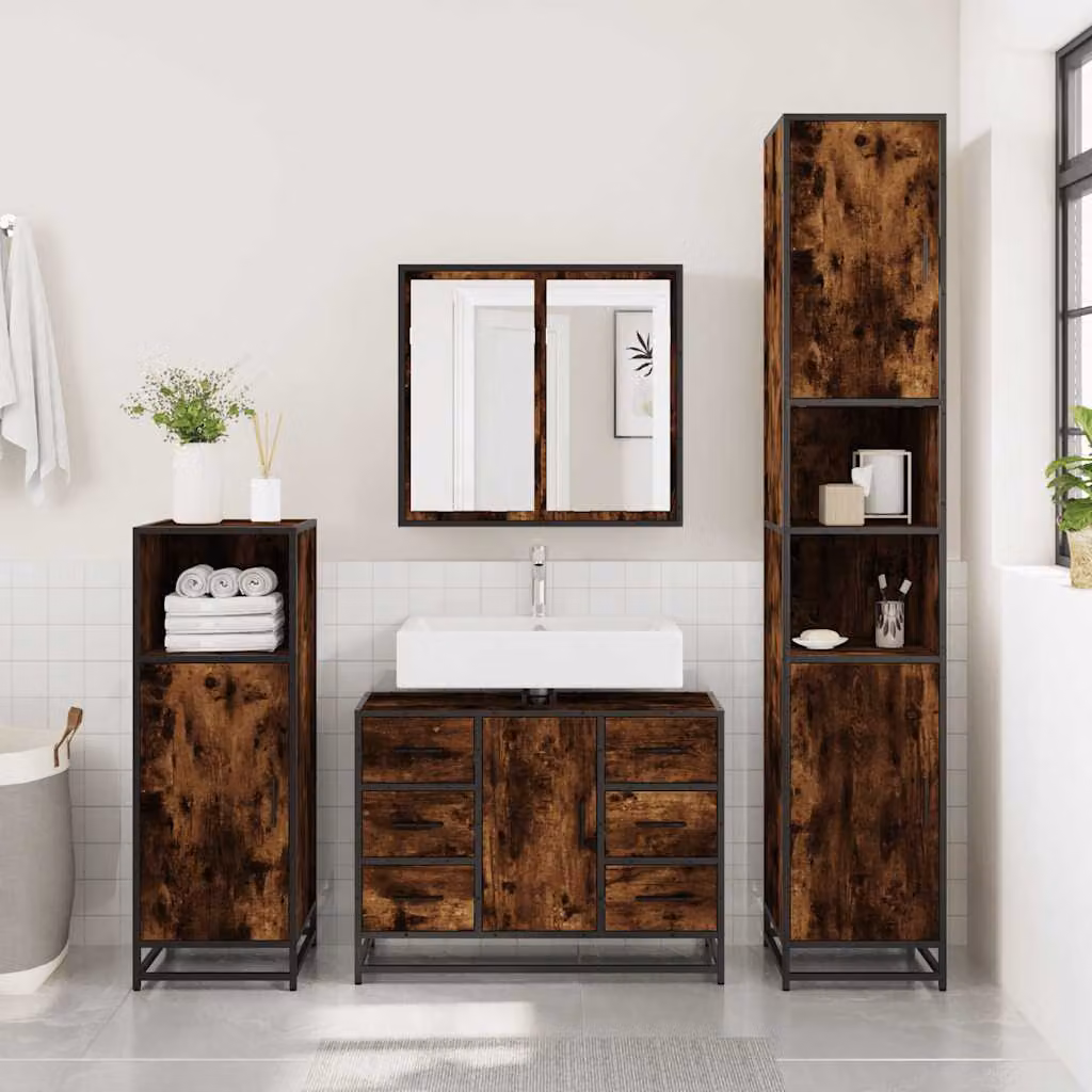 Mobile Lavabo da Bagno vidaXL in Rovere Fumo e Metallo, Stile Industrial, L 60 x P 30 x H 60 cm