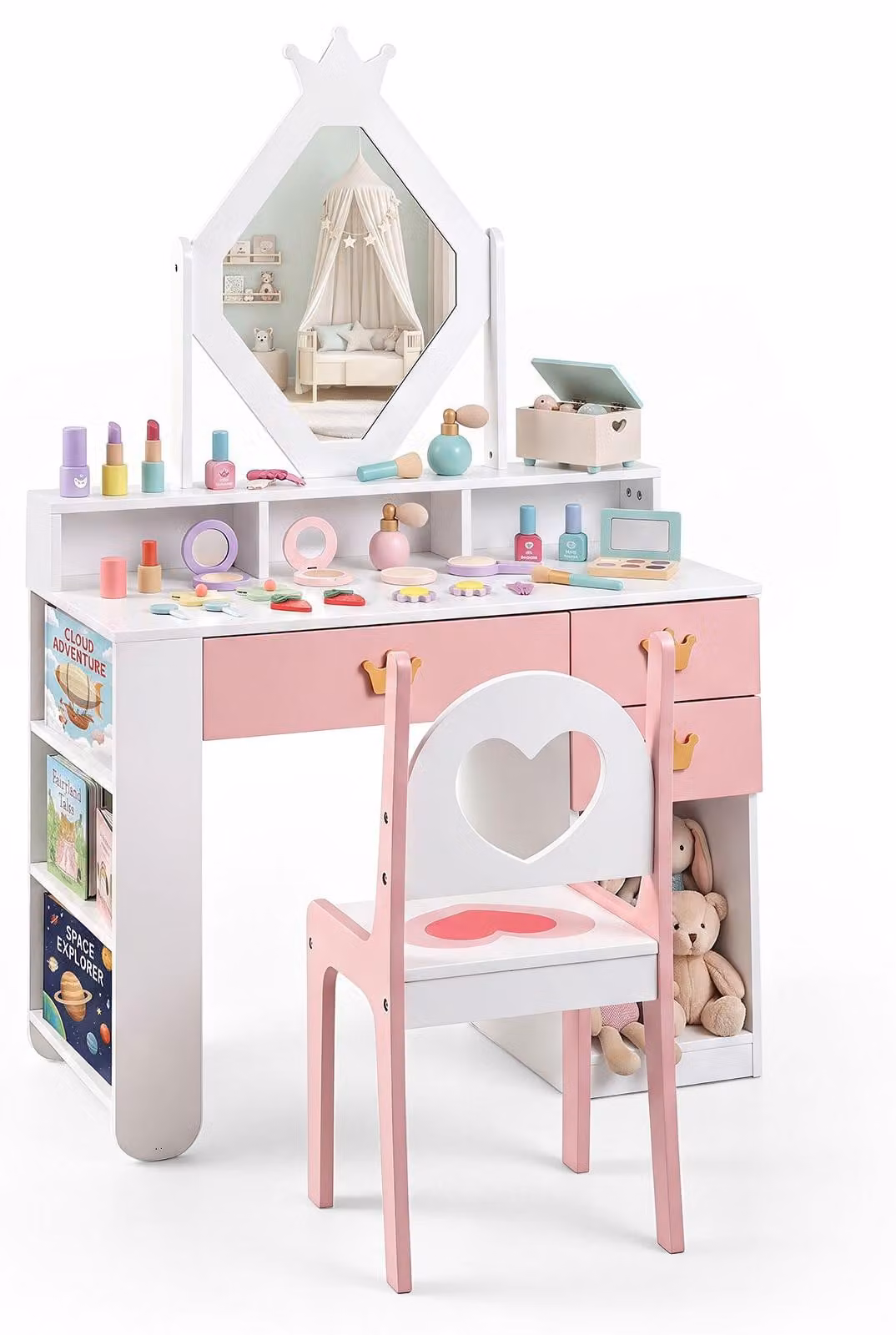 Tavolino da trucco per bambini COSTWAY, con specchio, set da trucco per bambini con sedia, 3 cassetti, ripiani, tavolino da trucco a tema principessa per camerette, bianco e rosa