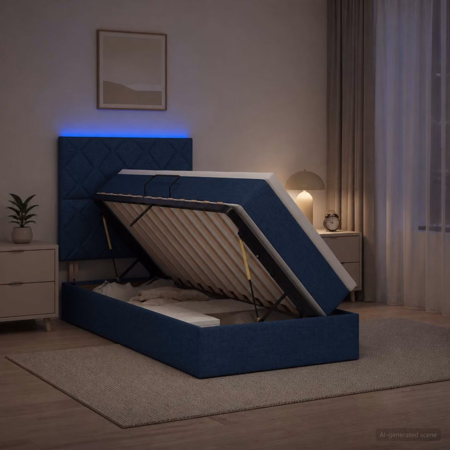 Letto con contenitore vidaXL in tessuto blu con illuminazione LED e porta USB, L/P/H: 100 x 200 x 140 cm
