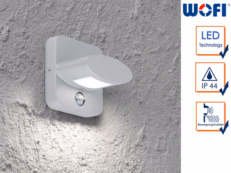 Lampada da parete esterna a LED con sensore di movimento, in alluminio, grado di protezione IP44, ideale per illuminare facciate, giardini e aree esterne
