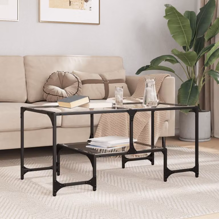 Set di 2 tavolini vidaXL moderni con piano in vetro trasparente e struttura in metallo nero, L/P/H: 98,5 x 50 x 45 cm