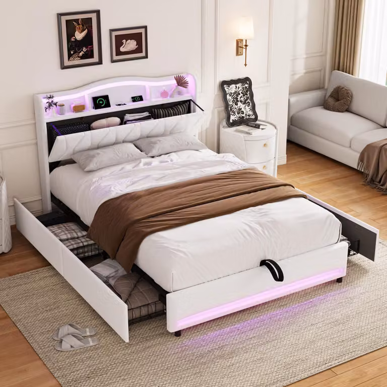 Letto contenitore Moonbite 140x200, colore grigio antracite – 2 cassetti, testiera con vani, illuminazione LED bicolor, presa di corrente