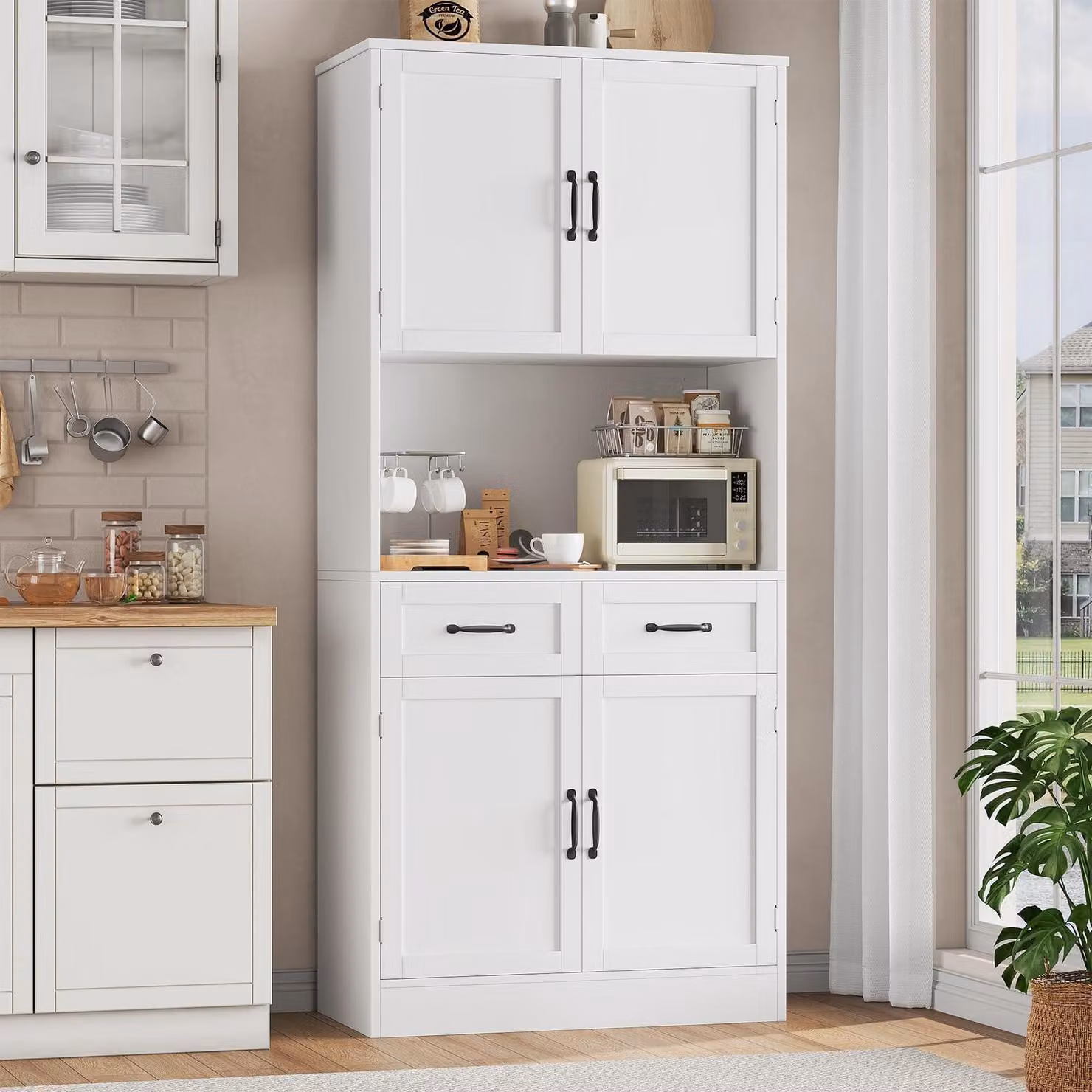 Mobile da cucina 180 cm, credenza con piano di lavoro, bianco, 4 ante, 2 cassetti