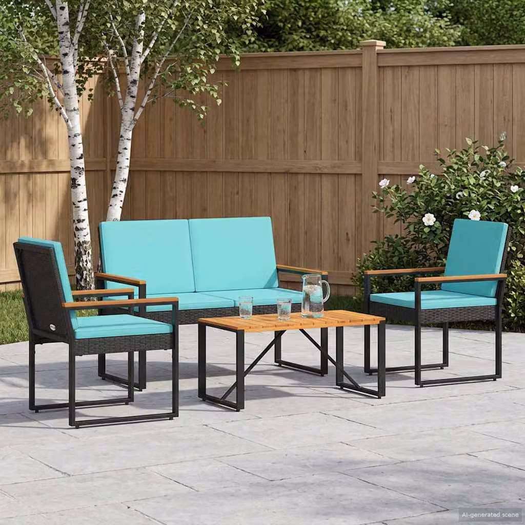 Set di mobili da esterno vidaXL in 4 pezzi in polyrattan con legno di acacia nero e turchese
