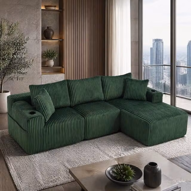 Divano modulare ULEVR con chaise longue e 2 posti, 5 cuscini, portabevande e tasche laterali, velluto a coste verde smeraldo
