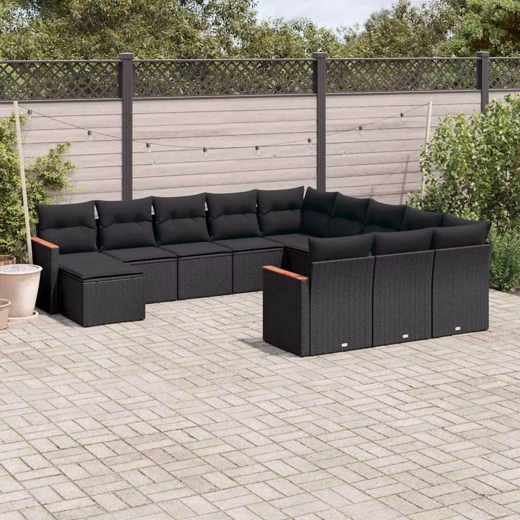 Set di Divani da Giardino vidaXL a Forma di U con Cuscini, Colore Nero, Struttura in Acciaio e Legno di Acacia – 1