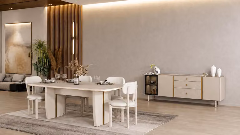 Set moderno per sala da pranzo: tavolo, 4 sedie, credenza. Colore: beige. Materiali: legno e tessuto