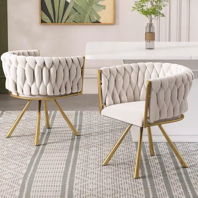 Sedia da pranzo girevole a 360 gradi in velluto beige con gambe in metallo oro