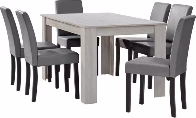 Set Pranzo con Tavolo 140x90 cm e 6 Sedie in Similpelle - Effetto Rovere Bianco / Grigio chiaro [en.casa]