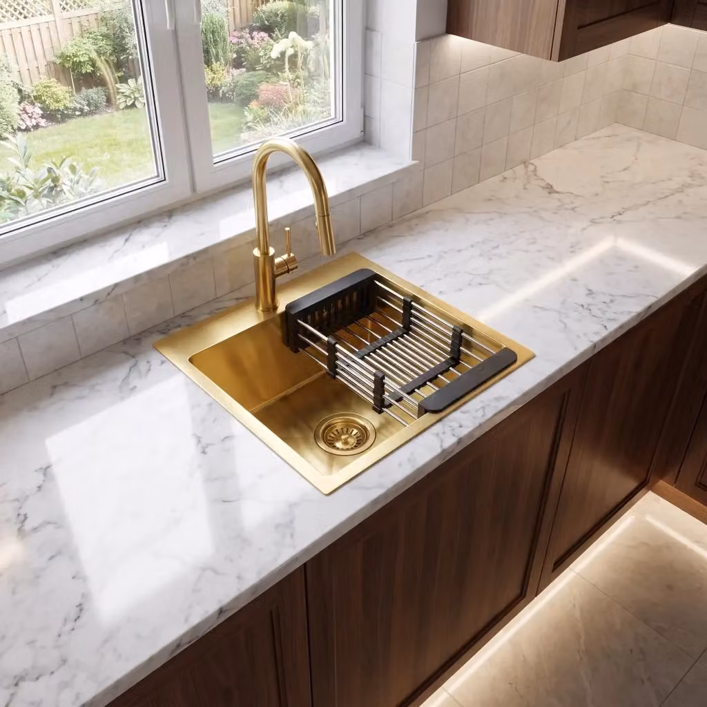 Lavello in acciaio inossidabile Rea Leo 40 rettangolare con set di 3 accessori color gold e beige – 2