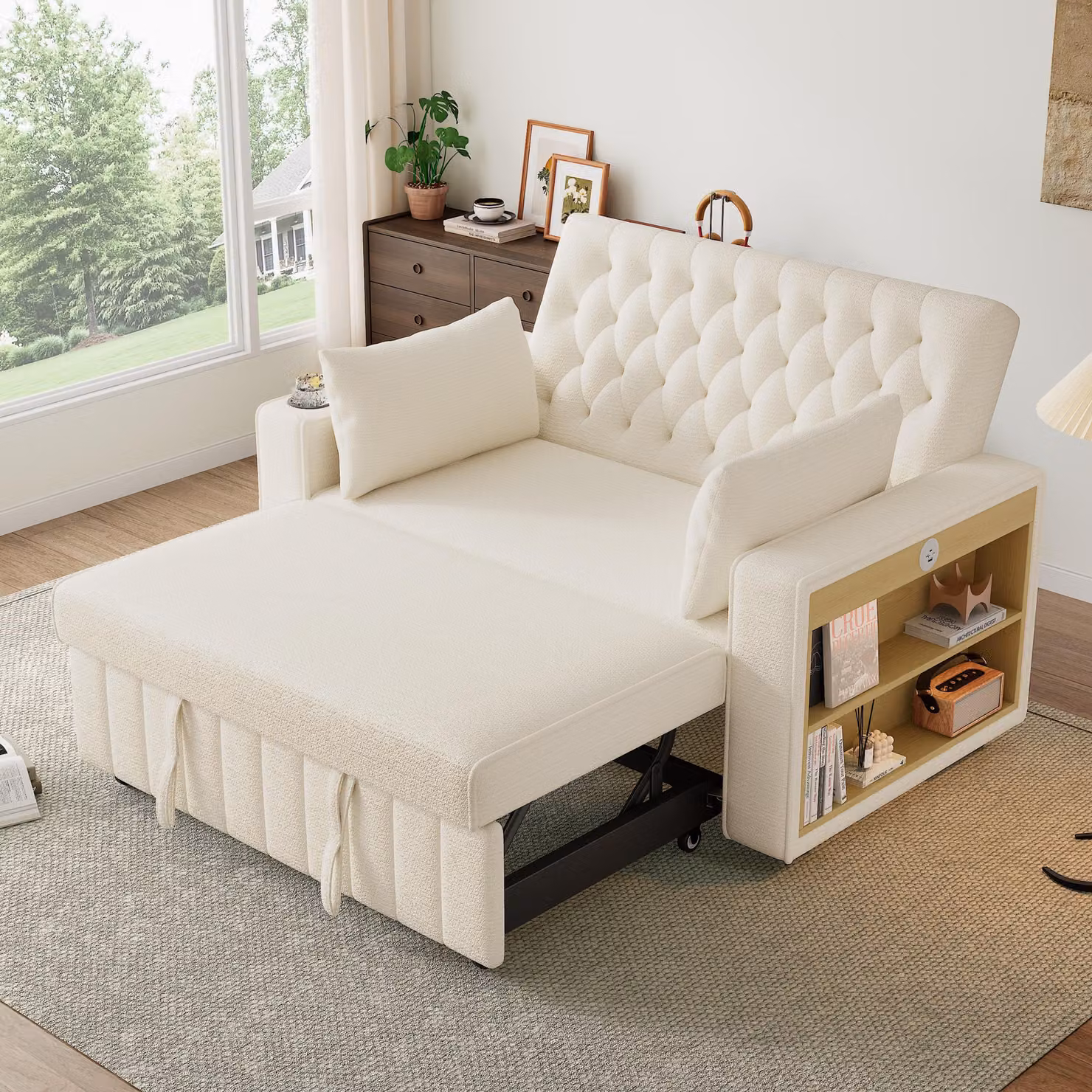 Divano letto multifunzionale Fortuna Lai, divano moderno con meccanismo a scomparsa, dotato di spazio contenitivo, funzione letto, portabicchieri, porta USB e cuscini. Divano salvaspazio ideale per soggiorno, camera da letto e stanza degli ospiti, color b