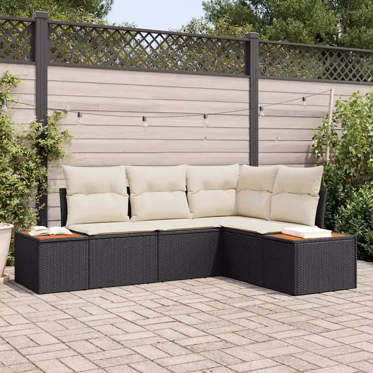 Set Divano da Giardino vidaXL 5 Pezzi a Forma di L con Cuscini Beige e Struttura in Acciaio Nero e Tavolino