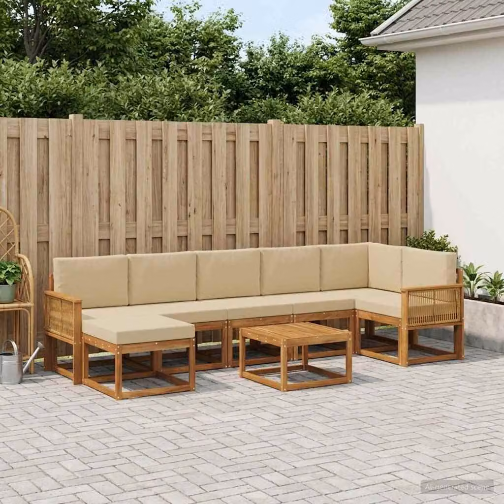 Set di divani da esterno vidaXL 8 pz a forma di L in legno di acacia con cuscini beige e marrone