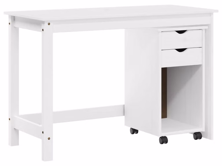 Set di due mobili contenitori per scrivania, colore bianco, in legno massello di pino