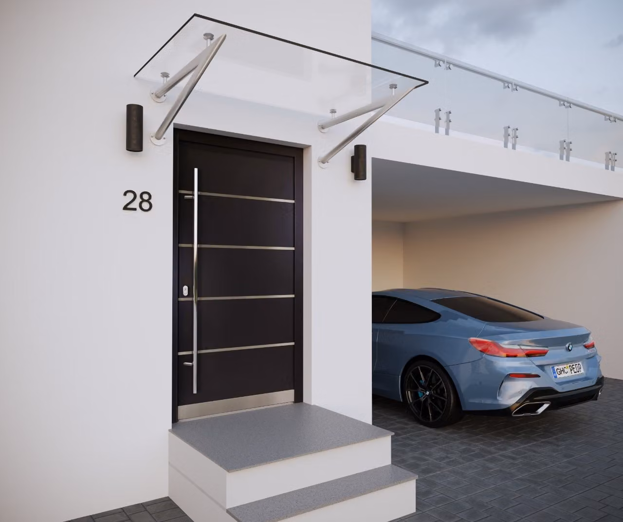 GlasHomeCenter - Pensilina porta d'ingresso in vetro pensilina in vetro trasparente 140x90cm 13,1mm VSG incl. 2 staffe in acciaio inox variante "Roma"