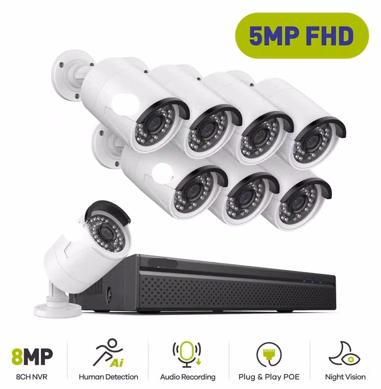 Sistema di videosorveglianza - Kit di telecamere PoE - Registratore NVR a 8 canali - 8 telecamere - Include hard disk da 2TB