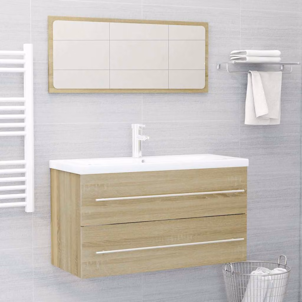 Set Mobili da Bagno Moderno vidaXL in Legno Rovere con Mobile Lavabo e Armadietto Specchio Marrone L/P/H: 90 x 38,5 x 48 cm e L/P/H: 66 x 38,5 x 48 cm