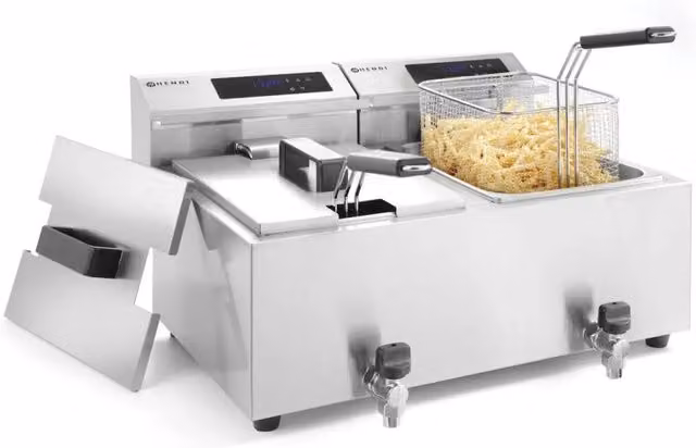 Friggitrice digitale HENDI Profi Line in acciaio inox color argento con zona fredda e timer, 2 x 8 l