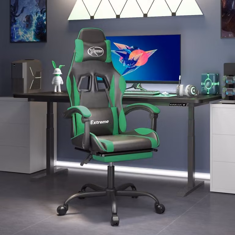 The Living Store Sedia da gioco con poggiapiedi girevole in ecopelle nera e verde